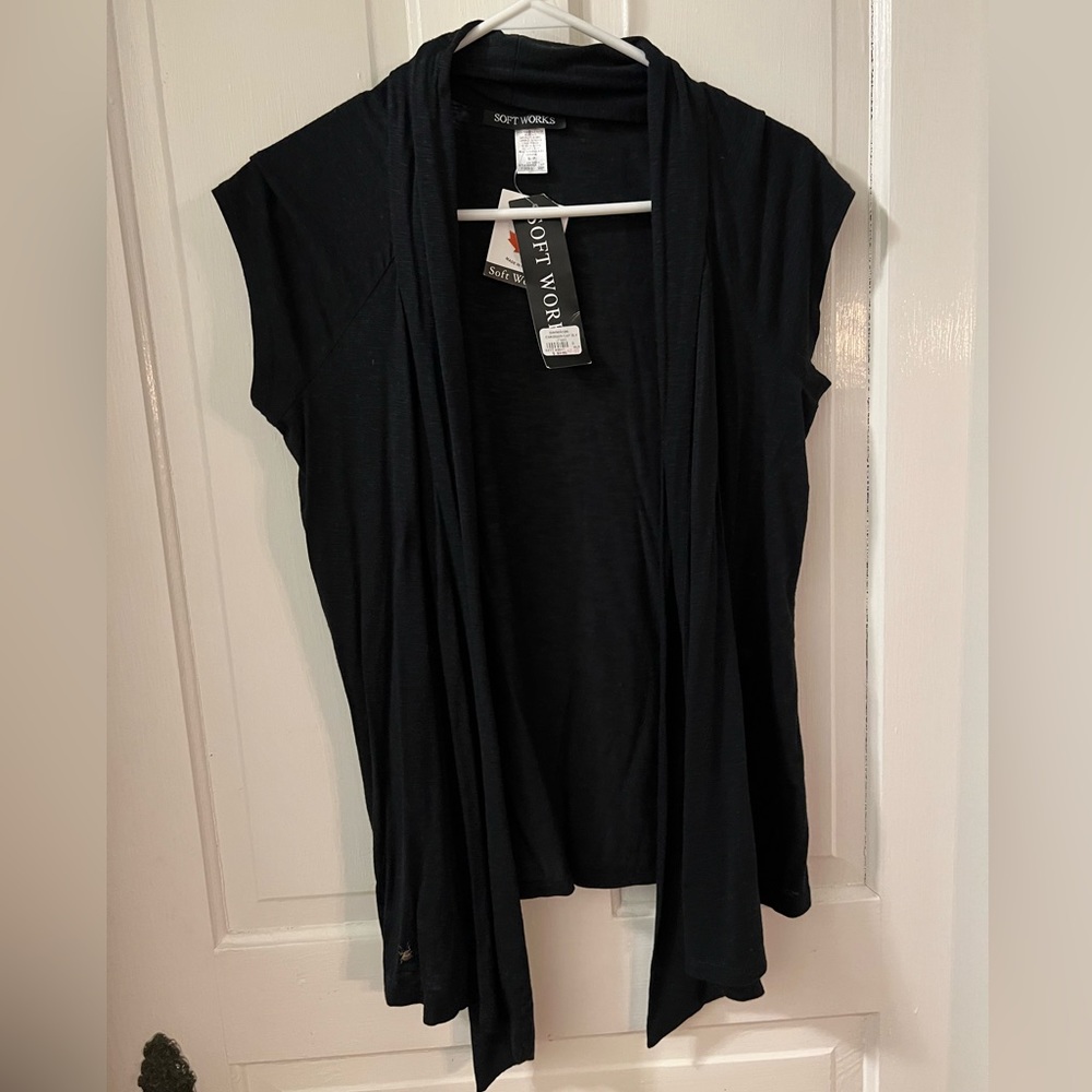 SoftWorks, black lightweight short-sleeve “cardigan”. New with tags